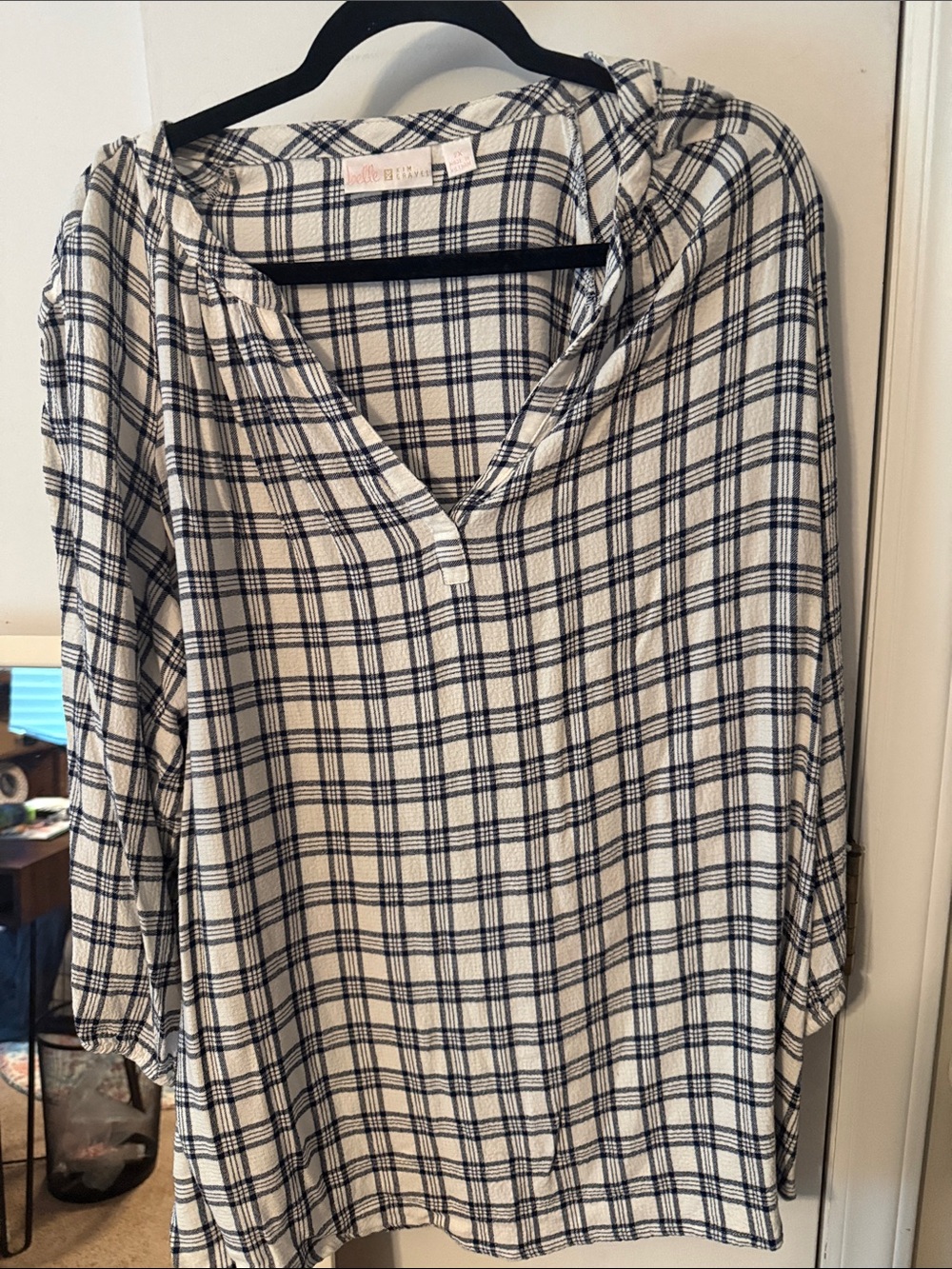 Belle by Kim Gravel Cream Plaid V-Neck Tunic with Navy Check